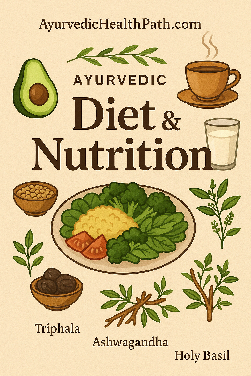 “Ayurvedic diet illustration showing fresh vegetables, herbal tea, Triphala, Ashwagandha, and other natural ingredients promoting balance of Vata, Pitta, and Kapha.”