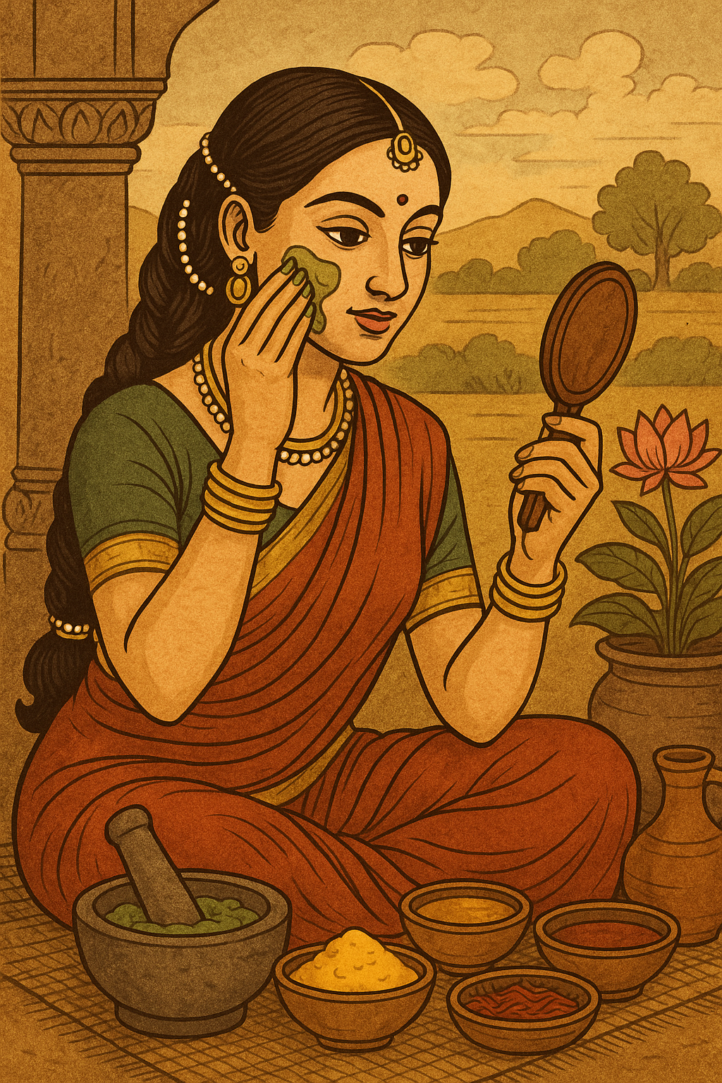 An ancient Indian woman sits gracefully in a traditional setting, wearing a red sari with golden borders and adorned with gold jewelry. She is applying a natural herbal paste to her face while holding a mirror, surrounded by bowls of Ayurvedic ingredients like turmeric, sandalwood, and herbs. The background features a lotus flower in a pot, carved stone pillars, and a serene landscape, evoking a peaceful and spiritual atmosphere of ancient Ayurvedic beauty rituals.